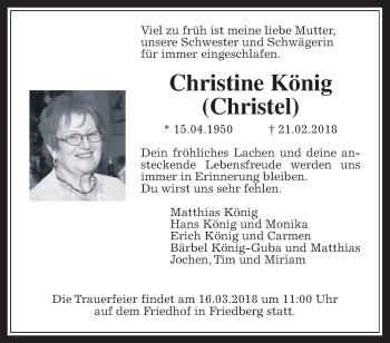Traueranzeige von Christine König von Wetterauer Zeitung, Wetterauer Zeitung