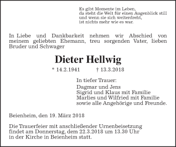 Traueranzeige von Dieter Hellwig von Wetterauer Zeitung, Wetterauer Zeitung