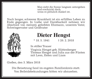 Traueranzeige von Dieter Hengst von Giessener Allgemeine, Alsfelder Allgemeine