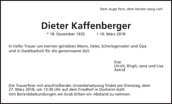Traueranzeige von Dieter Kaffenberger von Wetterauer Zeitung, Wetterauer Zeitung