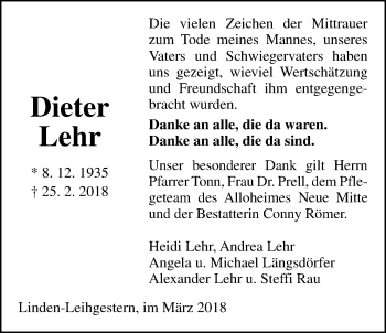 Traueranzeige von Dieter Lehr von Giessener Allgemeine, Alsfelder Allgemeine