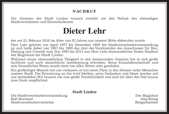 Traueranzeige von Dieter Lehr von Giessener Allgemeine, Alsfelder Allgemeine