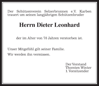 Traueranzeige von Dieter Leonhard von Wetterauer Zeitung, Wetterauer Zeitung