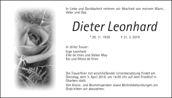 Traueranzeige von Dieter Leonhard von Wetterauer Zeitung, Wetterauer Zeitung