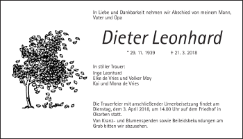 Traueranzeige von Dieter Leonhard von Wetterauer Zeitung, Wetterauer Zeitung