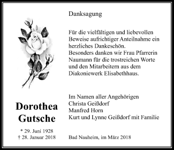 Traueranzeige von Dorothea Gutsche von Wetterauer Zeitung, Wetterauer Zeitung