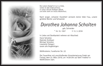 Traueranzeige von Dorothea Johanna Scholten von Wetterauer Zeitung, Wetterauer Zeitung