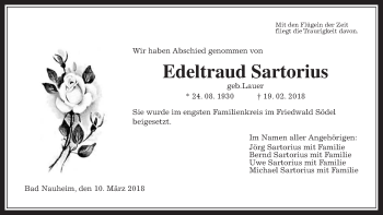 Traueranzeige von Edeltraud Sartorius von Wetterauer Zeitung, Wetterauer Zeitung