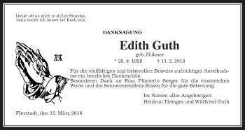 Traueranzeige von Edith Guth von Wetterauer Zeitung, Wetterauer Zeitung