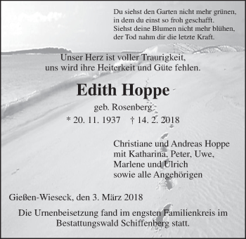 Traueranzeige von Edith Hoppe von Giessener Allgemeine, Alsfelder Allgemeine
