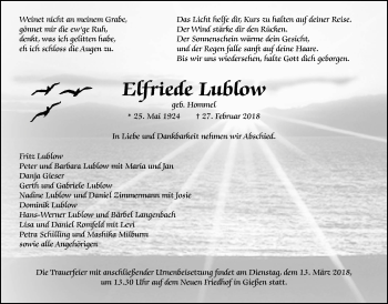 Traueranzeige von Elfriede Lublow von Giessener Allgemeine, Alsfelder Allgemeine