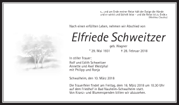 Traueranzeige von Elfriede Schweitzer von Wetterauer Zeitung, Wetterauer Zeitung