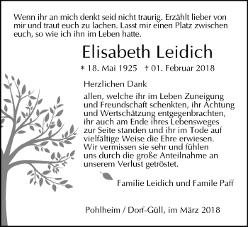 Traueranzeige von Elisabeth Leidich von Pohlheimer Nachrichten