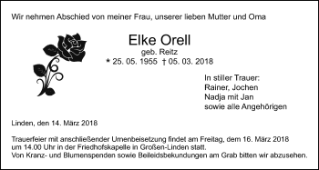 Traueranzeige von Elke Orell von Giessener Allgemeine, Alsfelder Allgemeine