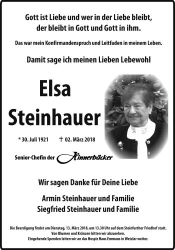 Traueranzeige von Elsa Steinhauer von Wetterauer Zeitung, Wetterauer Zeitung