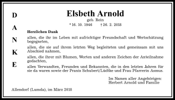 Traueranzeige von Elsbeth Arnold von Giessener Allgemeine, Alsfelder Allgemeine