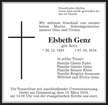 Traueranzeige von Elsbeth Genz von Giessener Allgemeine, Alsfelder Allgemeine
