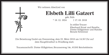 Traueranzeige von Elsbeth Lilli Gatzert von Wetterauer Zeitung, Wetterauer Zeitung