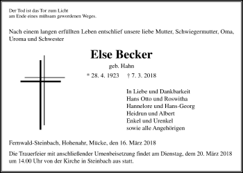 Traueranzeige von Else Becker von Giessener Allgemeine, Alsfelder Allgemeine
