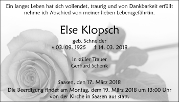 Traueranzeige von Else Klopsch von Giessener Allgemeine, Alsfelder Allgemeine