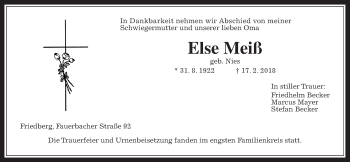 Traueranzeige von Else Meiß von Wetterauer Zeitung, Wetterauer Zeitung