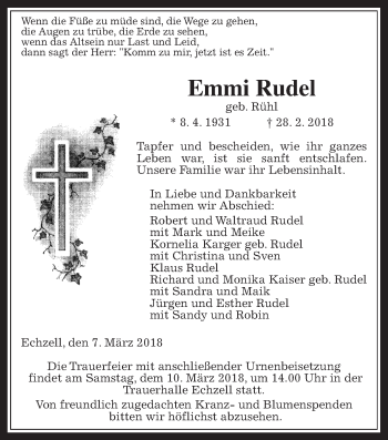 Traueranzeige von Emmi Rudel von Wetterauer Zeitung, Wetterauer Zeitung