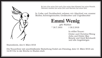 Traueranzeige von Emmi Wenig von Wetterauer Zeitung, Wetterauer Zeitung
