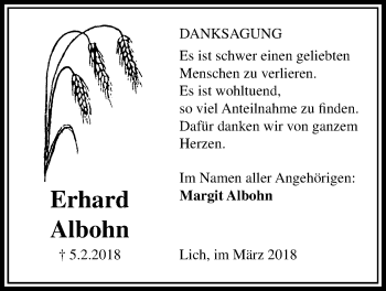 Traueranzeige von Erhard Albohn von Licher Wochenblatt, Licher Wochenblatt, Licher Wochenblatt