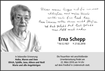 Traueranzeige von Erna Schepp von Giessener Allgemeine, Alsfelder Allgemeine