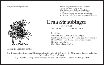Traueranzeige von Erna Straubinger von Wetterauer Zeitung, Wetterauer Zeitung