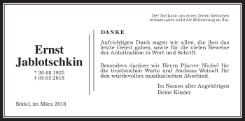 Traueranzeige von Ernst Jablotschkin von Wetterauer Zeitung, Wetterauer Zeitung