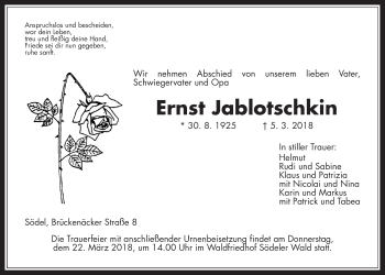 Traueranzeige von Ernst Jablotschkin von Wetterauer Zeitung, Wetterauer Zeitung