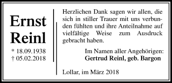 Traueranzeige von Ernst Reinl von Giessener Allgemeine, Alsfelder Allgemeine