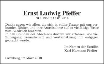 Traueranzeige von Ernst Ludwig Pfeffer von Giessener Allgemeine, Alsfelder Allgemeine