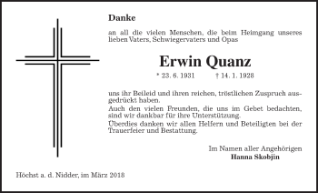 Traueranzeige von Erwin Quanz von Wetterauer Zeitung, Wetterauer Zeitung