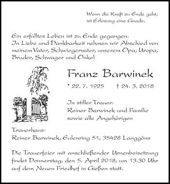 Traueranzeige von Franz Barwinek von Giessener Allgemeine, Alsfelder Allgemeine
