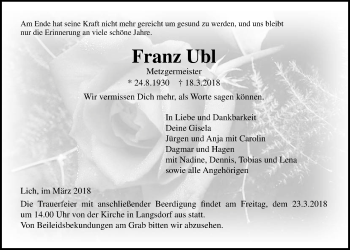Traueranzeige von Franz Ubl von Giessener Allgemeine, Alsfelder Allgemeine
