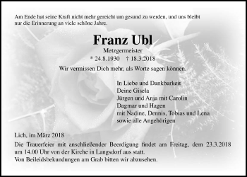 Traueranzeige von Franz Ubl von Licher Wochenblatt, Licher Wochenblatt, Licher Wochenblatt
