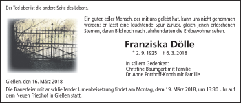 Traueranzeige von Franziska Dölle von Giessener Allgemeine, Alsfelder Allgemeine