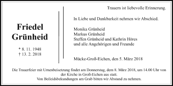 Traueranzeige von Friedel Grünheid von Alsfelder Allgemeine
