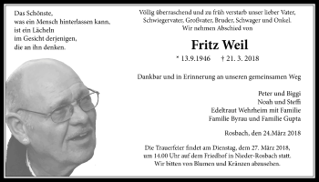 Traueranzeige von Fritz Weil von Wetterauer Zeitung, Wetterauer Zeitung