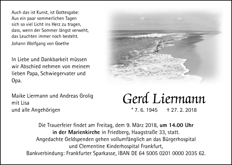  Traueranzeige für Gerd Liermann vom 03.03.2018 aus Wetterauer Zeitung, Wetterauer Zeitung