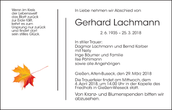 Traueranzeige von Gerhard Lachmann von Giessener Allgemeine, Alsfelder Allgemeine