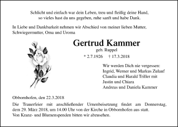 Traueranzeige von Gertrud Kammer von Licher Wochenblatt, Licher Wochenblatt, Licher Wochenblatt