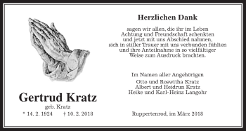 Traueranzeige von Gertrud Kratz von Giessener Allgemeine, Alsfelder Allgemeine