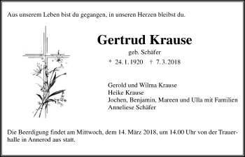 Traueranzeige von Gertrud Krause von Giessener Allgemeine, Alsfelder Allgemeine