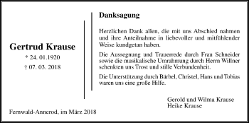 Traueranzeige von Gertrud Krause von Giessener Allgemeine, Alsfelder Allgemeine