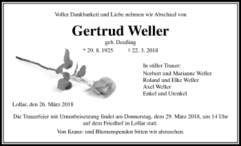 Traueranzeige von Gertrud Weller von Giessener Allgemeine, Alsfelder Allgemeine