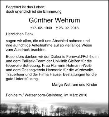 Traueranzeige von Günther Wehrum von Pohlheimer Nachrichten