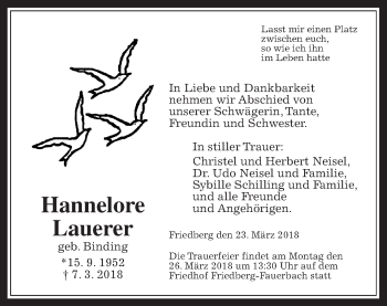 Traueranzeige von Hannelore Lauerer von Wetterauer Zeitung, Wetterauer Zeitung